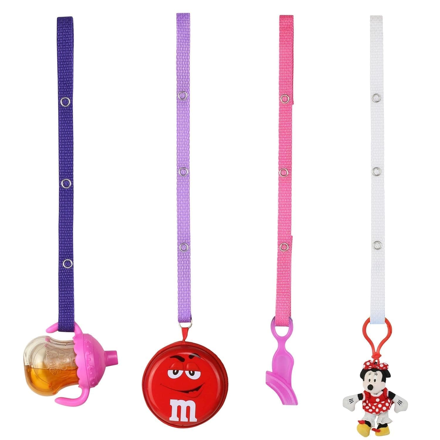 Baby Buddy Secure-A-Toy, Safety Strap Secures Toys, Teether, Pacifiers to Strollers, Highchairs, Car Seats, Keep Toys Sanitary, Adjustable, Registry Must Haves, Pink-Purple-Light Pink-White, 4 Count
