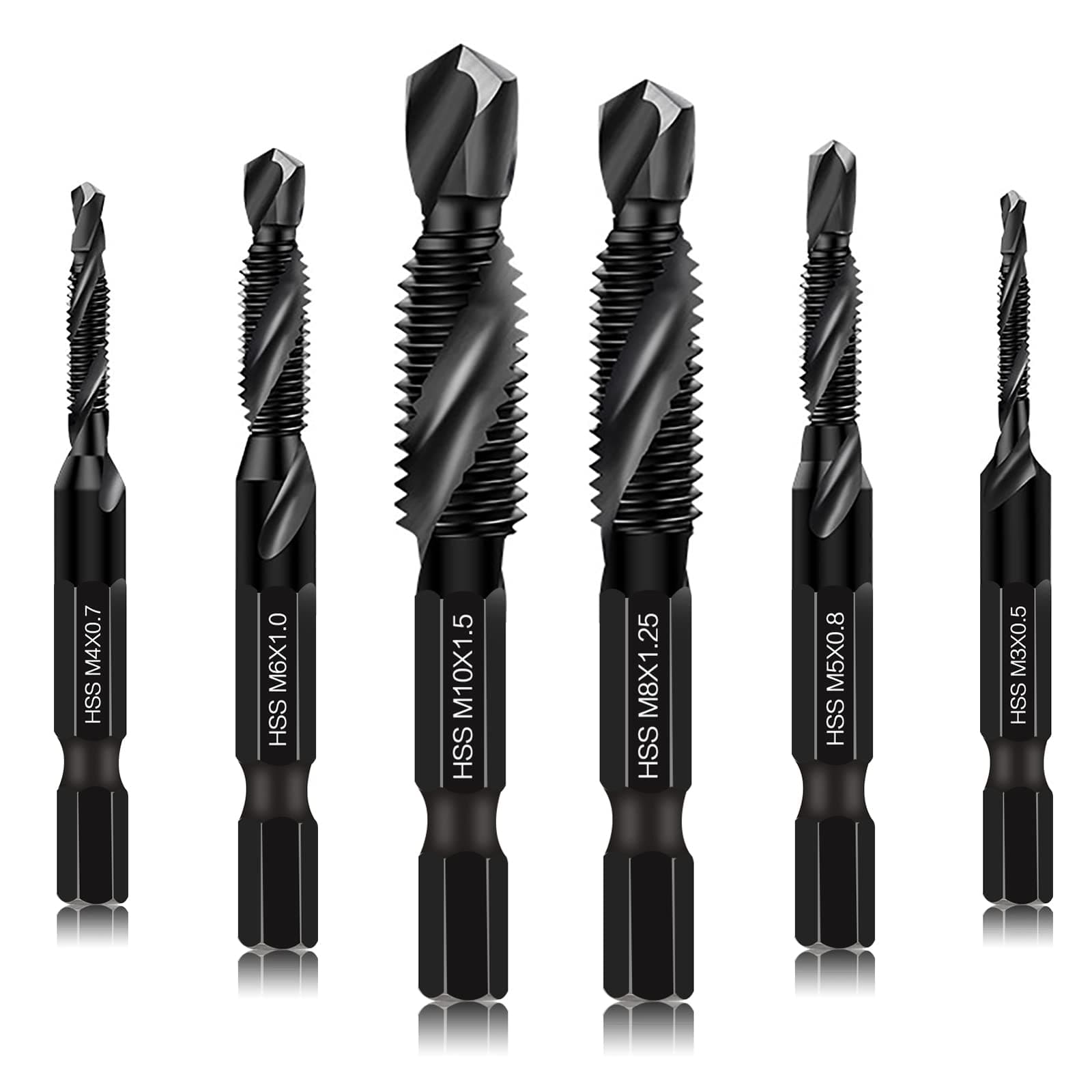 6 Packs Combination Drill & Taps Bit Set, Screw Tapping Threading Tools in Sizes M3*0.5 M4*0.7 M5*0.8 M6*1.0 M8*1.25 M10*1.5 with Anti-rust Black Coating, 6mm Hex Shank and Storage Case
