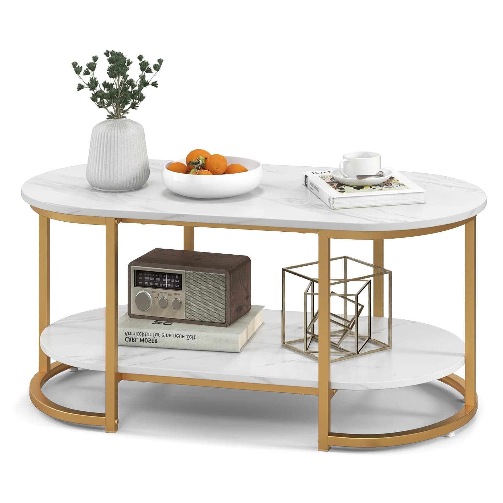 Giantex White Marble Coffee Table - Modern 2-Tier Center Table w/Open Storage Shelf, Oval Accent Table w/Faux Marble Veneer & Gold Finished Metal Frame for Living Room, Bedroom