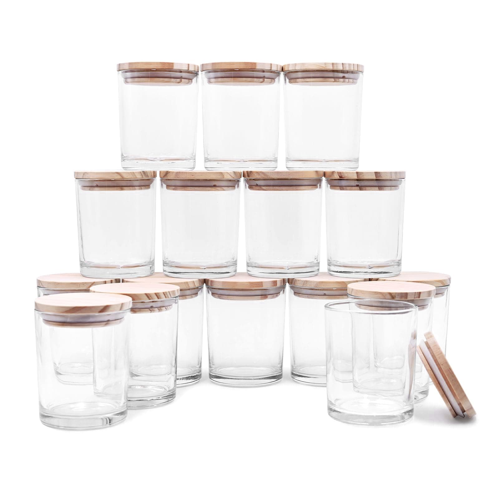 SHOWIN Thick Candle Jars for Making Candles 16 Pcs, 7 OZ Empty Jars with Wood Lids for Candle Making, Sample Container, Clear