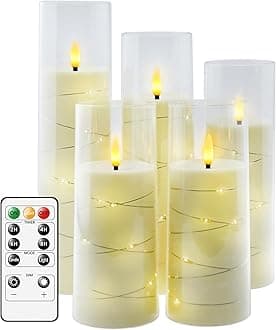 kakoya Flameless LED Candles with Timer 5 Pc Flickering Flameless Candles for Romantic Ambiance and Home Decoration Stable Acrylic Shell,with Embedded Star String，Battery Operated Candles（Ivory）