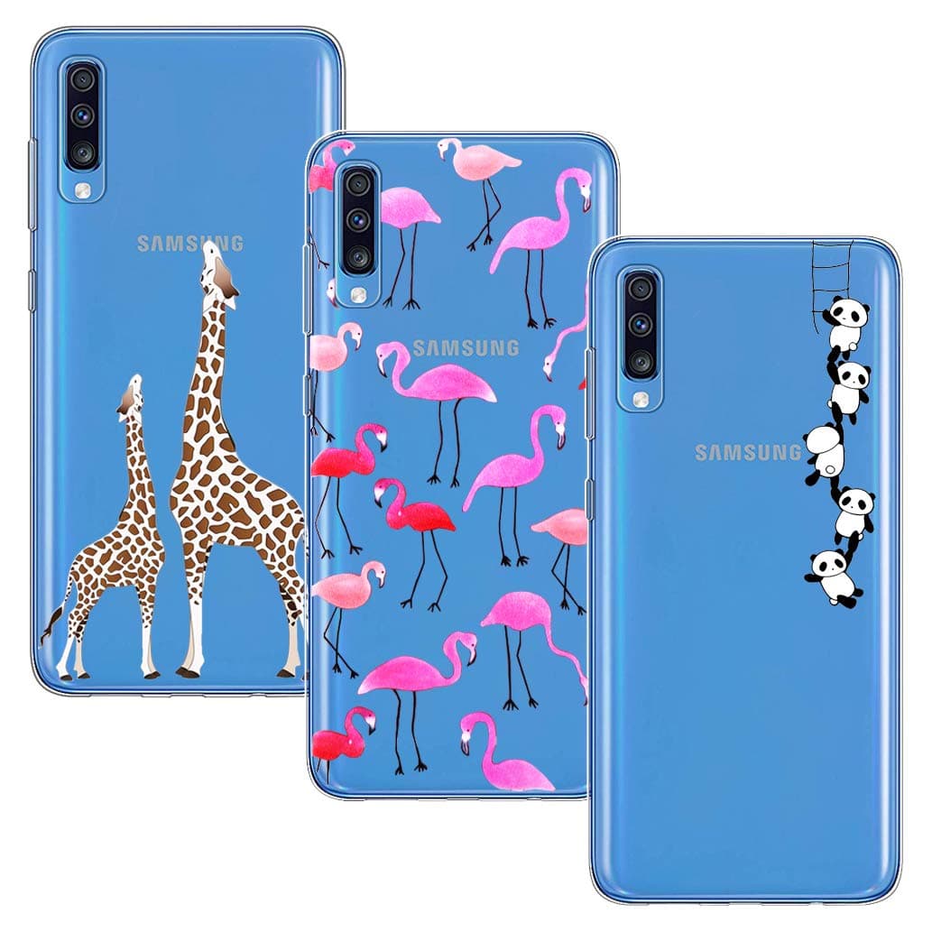 BAOWEI [3-Pack] for Samsung Galaxy A70 Case, Ultra Thin Crystal Clear Soft TPU Silicone Case with Stylish Cute Pattern Protective Phone Case Cover for Samsung A70 - Giraffes, Flamingo & Panda