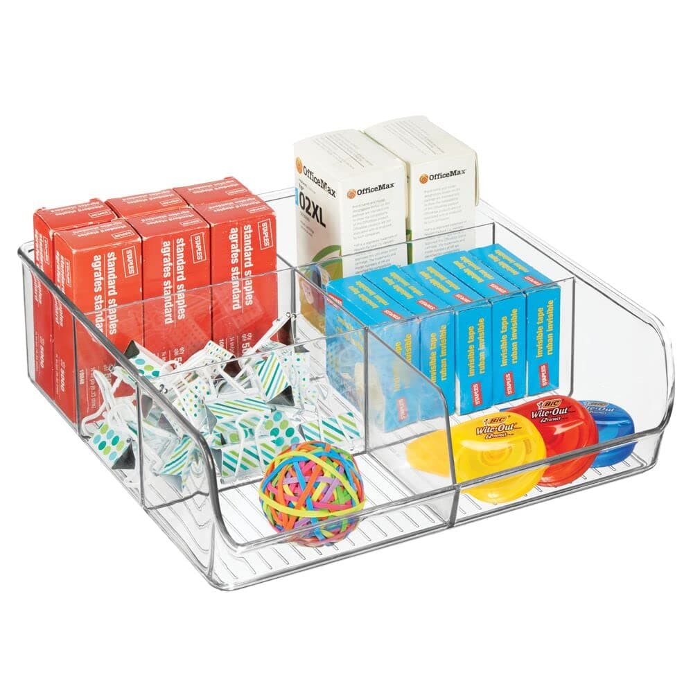 Plastic Home Office Wide Bin Organizer with 6 Compartments for Cabinets, Closets, Drawers, Desks, Tables, Workspace - Staple, Notepad, Paperclip Holder - Ligne Collection - Clear