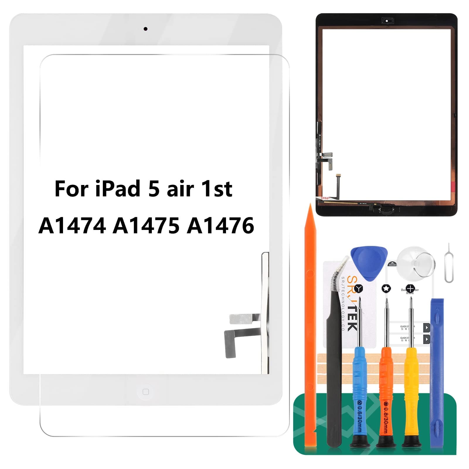 SRJTEK Screen Replacement for iPad 5 air 1st Gen A1474 A1475 A1476 Screen Replacement Touch Digitizer Glass Sensor Assembly - Home Button Camera Holder Pre Installed Adhesive Stickers (White)