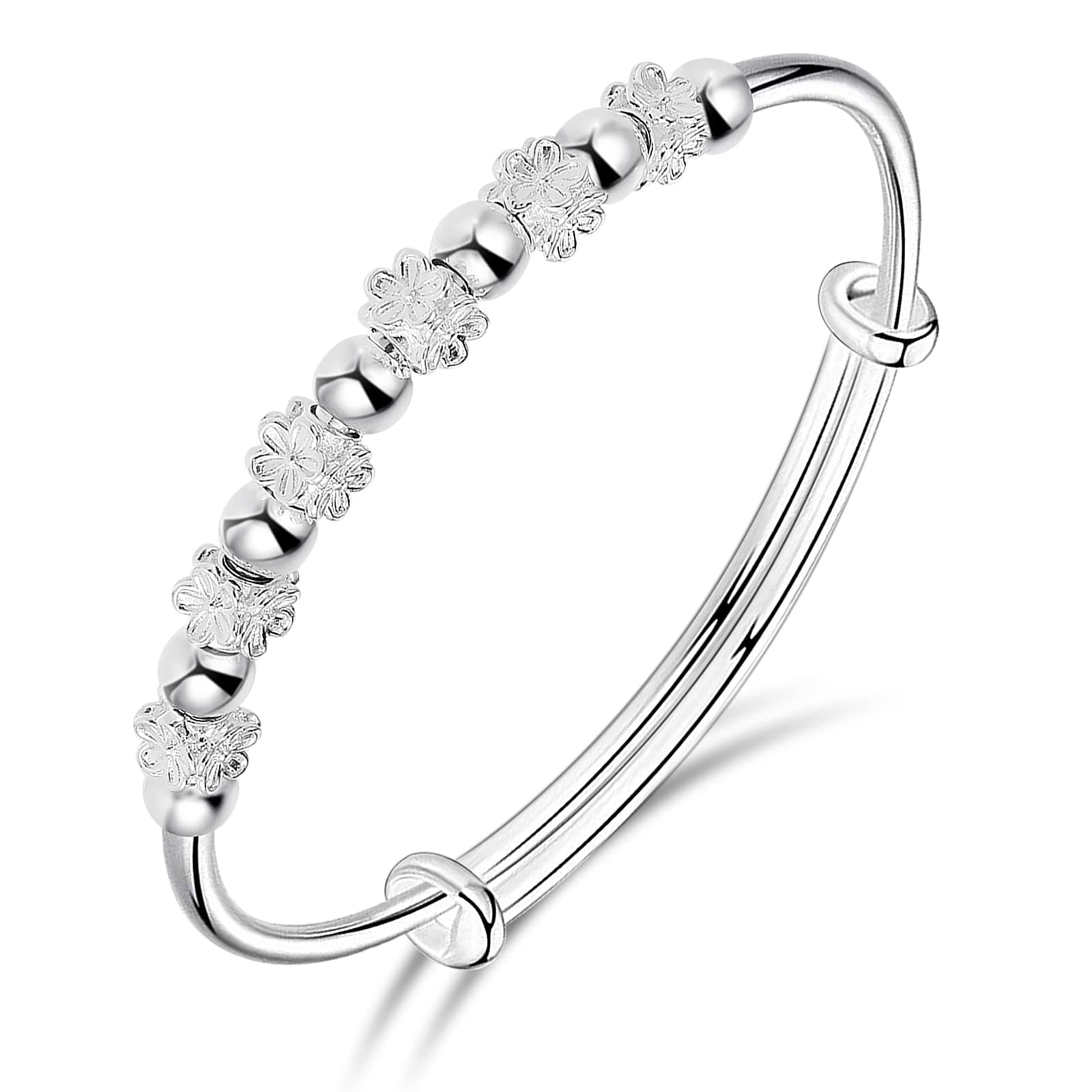 925 Sterling Silver Bead Spinner Bangle Bracelet Adjustable, Fidget Bracelet Anxiety Relief Bracelet Jewelry Gift for Women Girls Ladies Birthday Valentine Graduation Gift, 6.2 cm