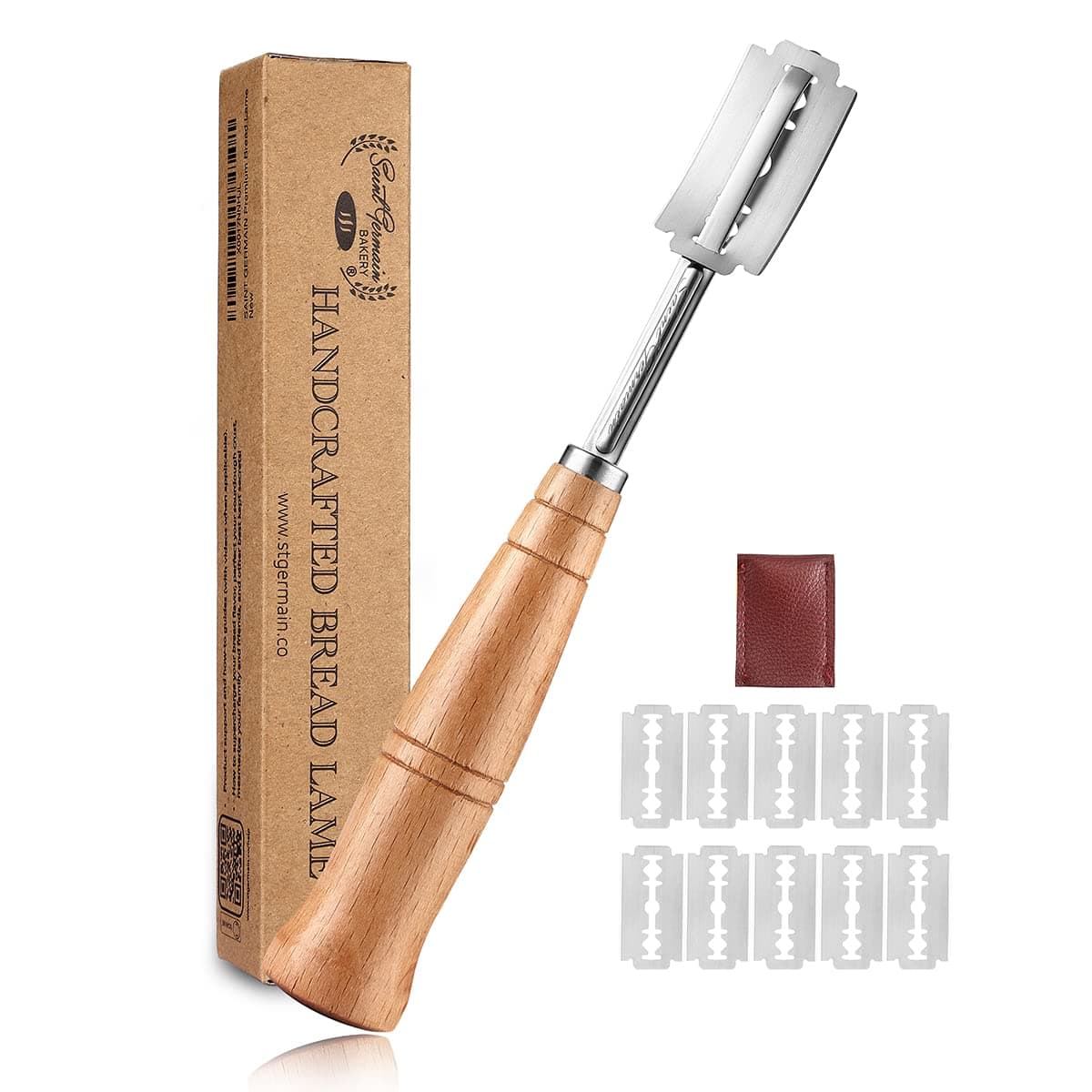 SAINT GERMAIN Premium Hand Crafted Bread Lame with 5 Blades Included - Best Dough Scoring Tool with Authentic Leather Protective Cover