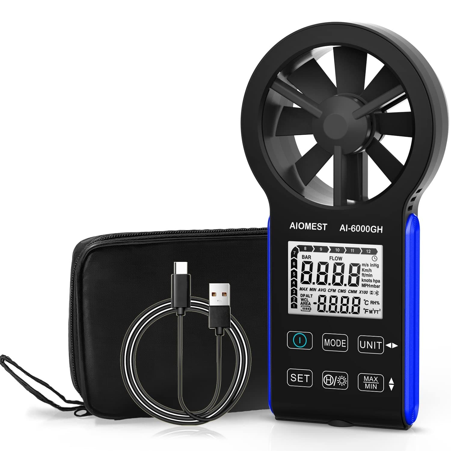 CFM Wind Speed Meter, AIOMEST Rechargeable HVAC Anemometer Measuring Wind Velocity, Test Air Flow Volume CFM/CMM, Handheld Airflow Tester AI-6000GH with Anemometro Carrying Case