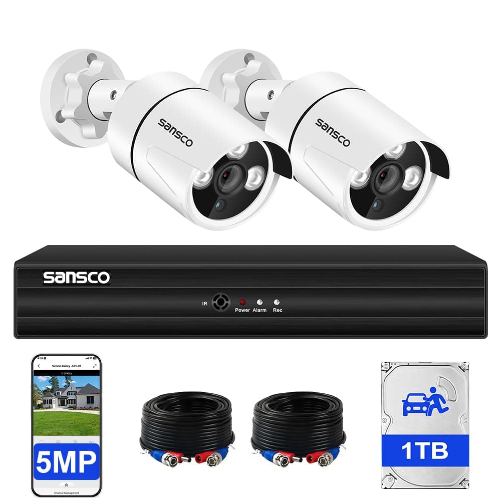 – 5MP 4 Channel Wired CCTV Security Camera System, 4CH DVR with 1TB Hard Drive, 2x 3K Home Outdoor Surveillance Cameras, Color Night Vision, Audio Recording, Human Face Vehicle Detection, P2P