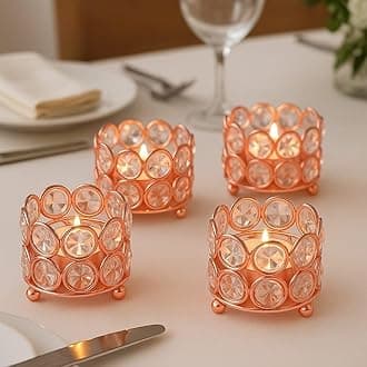 Iorn Art Ware Crystal Tealight Candle Holder Votives Bowl for Home Decor, Christams Diya Diwali Decor Lights Centerpieces for Wedding Home Party Table Decor (Rose Gold (Pack of 4))
