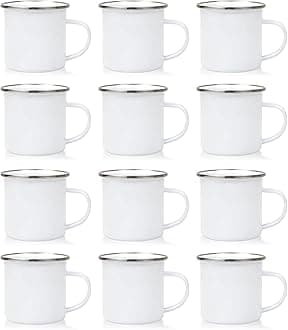 12Pcs Sublimation Blank White Enamel Mug 12 OZ with Silver Rim Camping Travel Coffee Metal Mug Can be used as a gift for Christmas Thanksgiving Mother's Day Father's Day