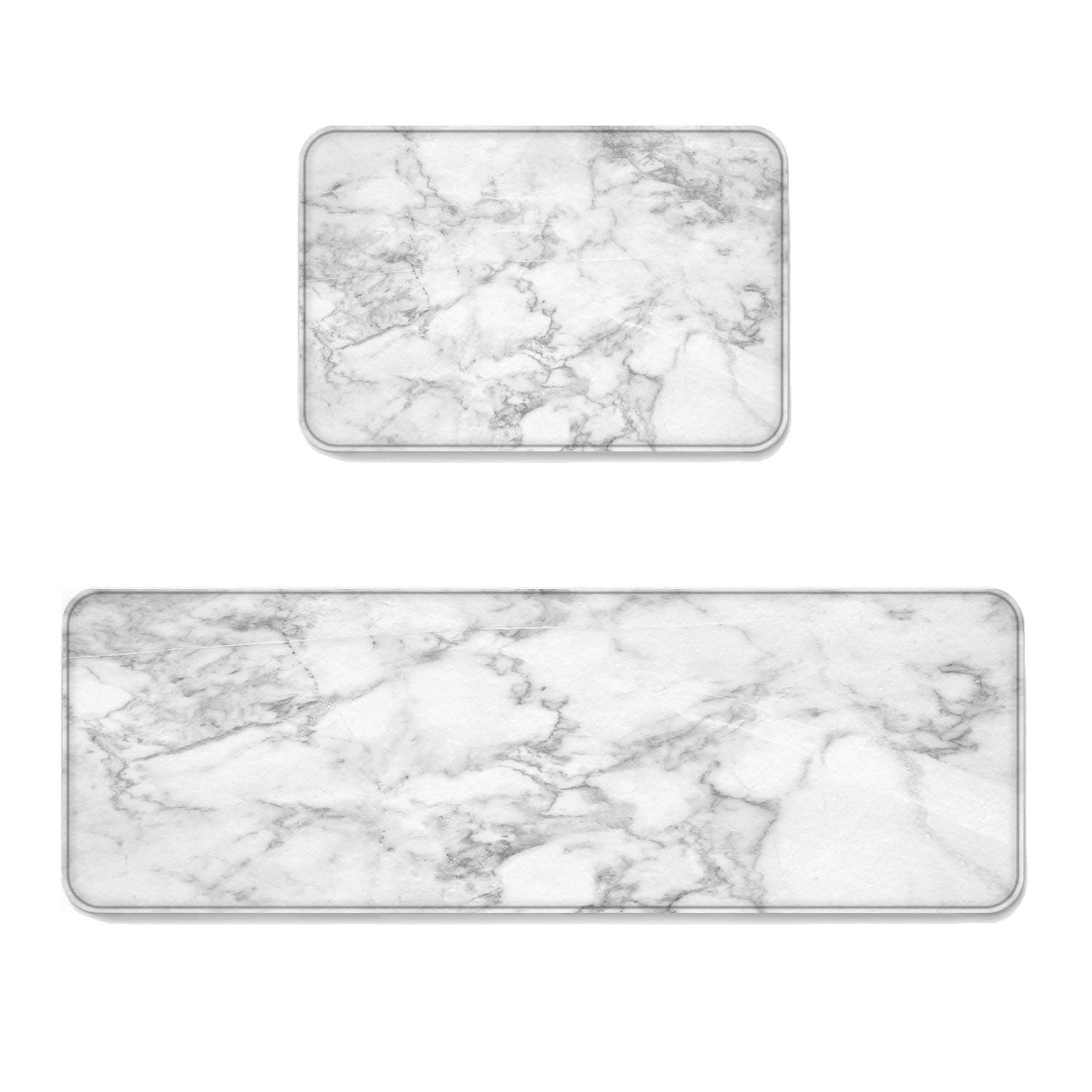2 Piece Non-Slip Kitchen Mat Runner Rug Set Doormat White Marble Door Mats Rubber Backing Carpet Indoor Floor Mat (15.7" x 23.6"+15.7" x 47.2")