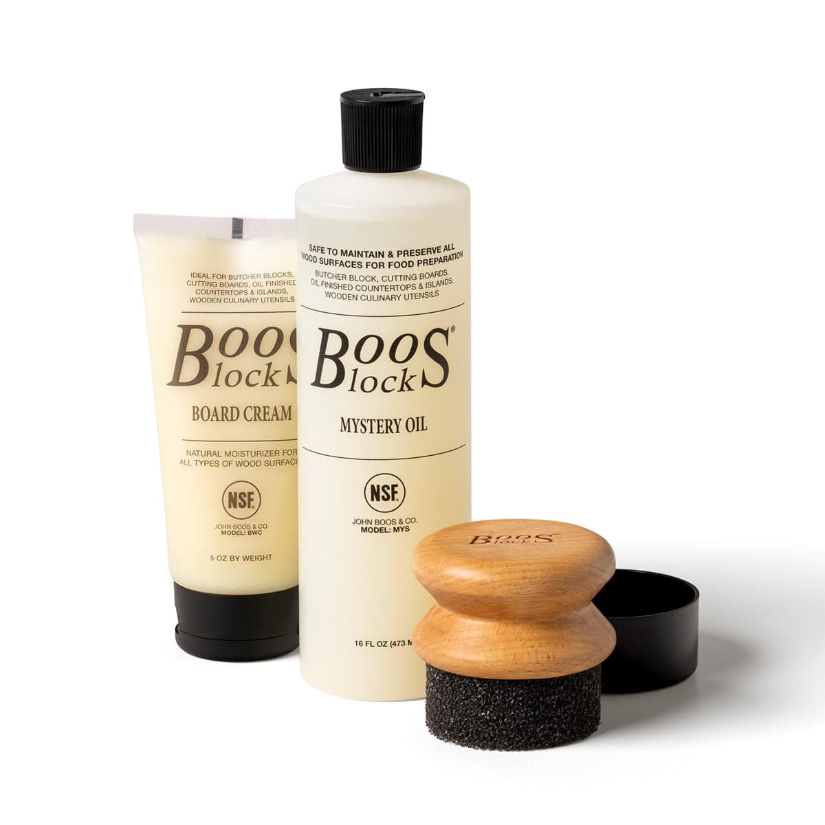 Boos Block John Cutting Board Care and Maintenance Set: Includes One 16 Ounce Bottle Mystery Oil, 5 Cream Round Applicator