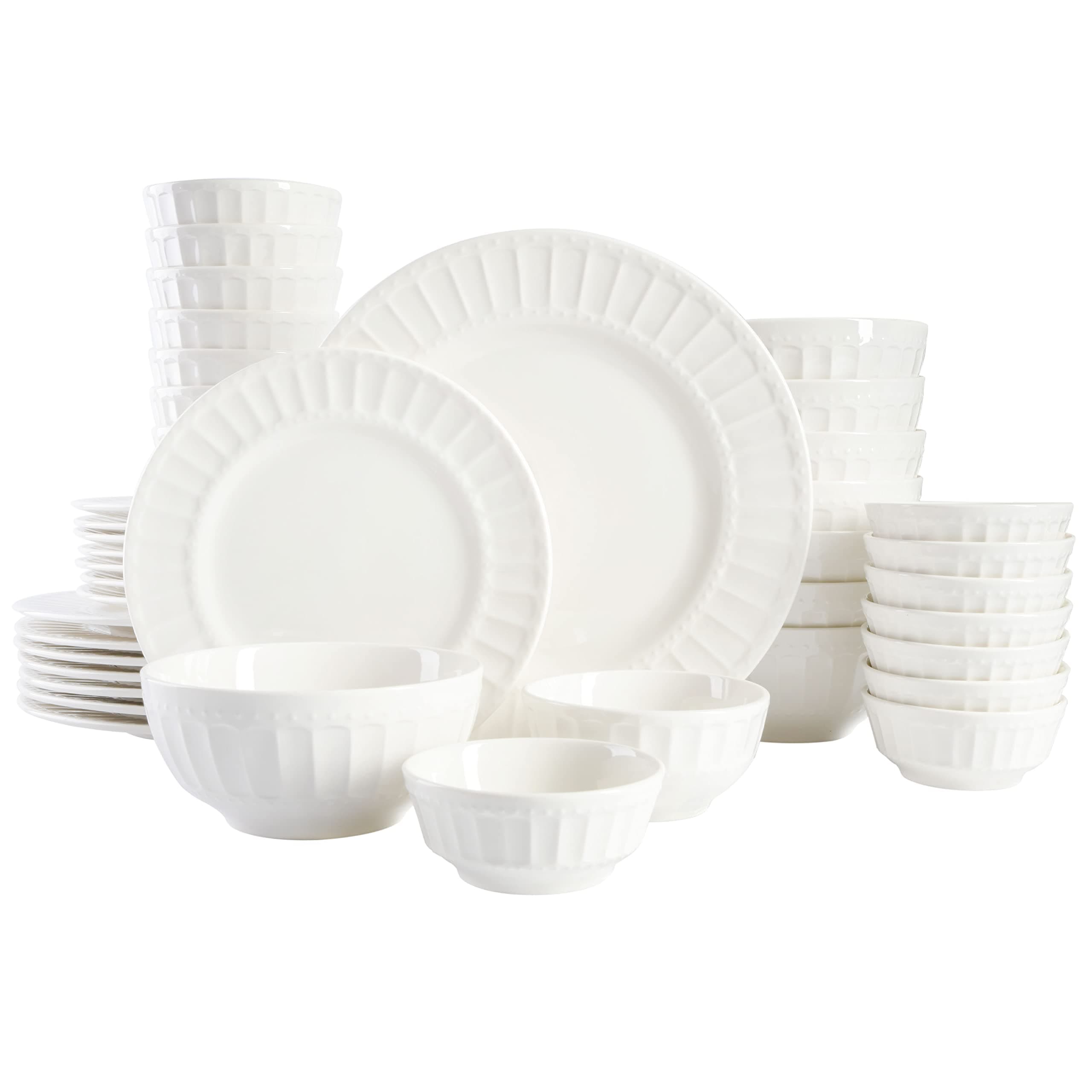 Zen Buffet Porcelain Ceramic Dinnerware Sets for 8, Plates and Bowls Set (40pcs), White Embossed Dishes