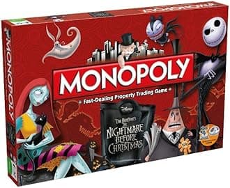 Winning Moves Nightmare Before Christmas Monopoly Board Game, Join the Pumpkin King and advance to the Guillotine Courtyard and Lock, Shock and Barrel’s Treehouse, makes a great gift for ages 8 plus