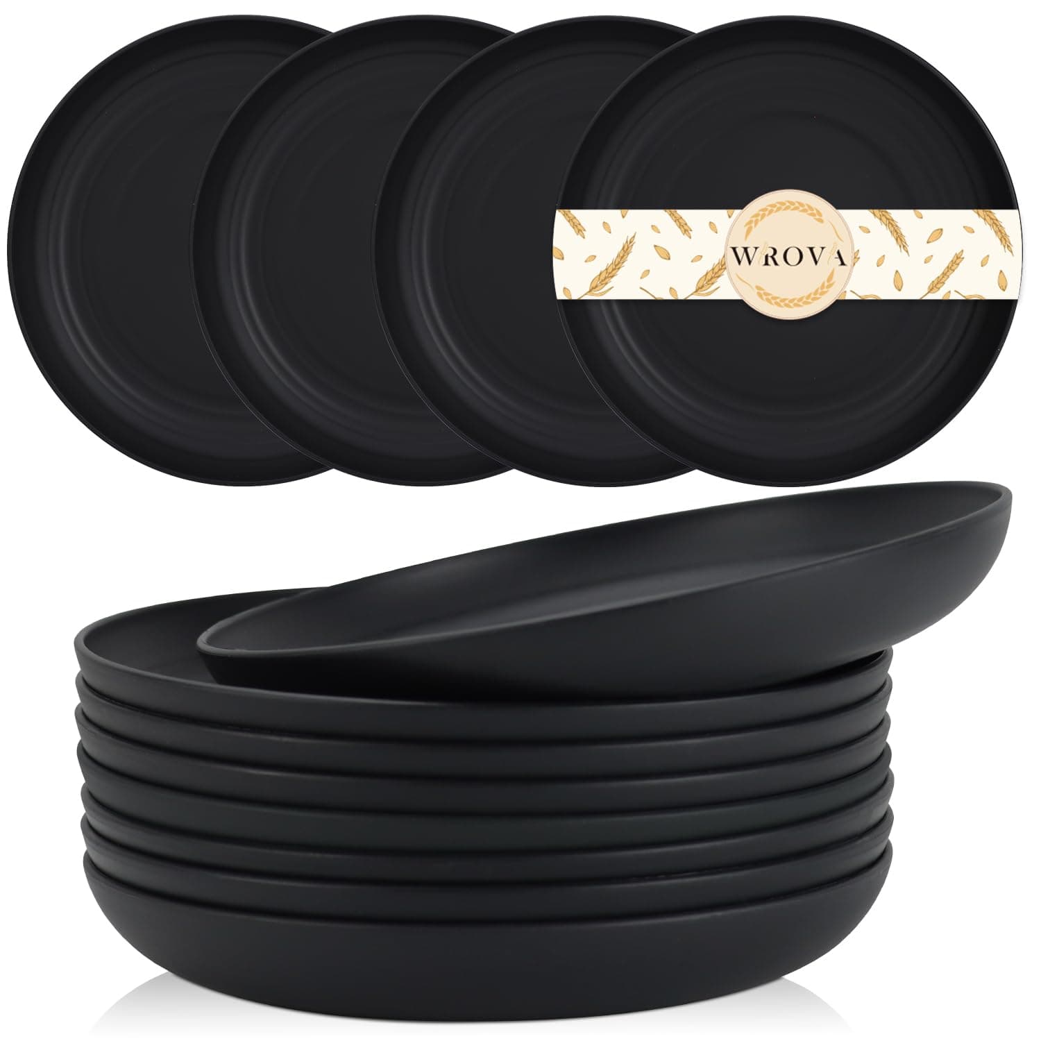 Wrova Wheat Straw Plates - 8 Inch Unbreakable Dinner Plates Set of 8 - Dishwasher & Microwave Safe Plastic Plates Reusable - Lightweight Plates for kitchen,R.V (pure black)