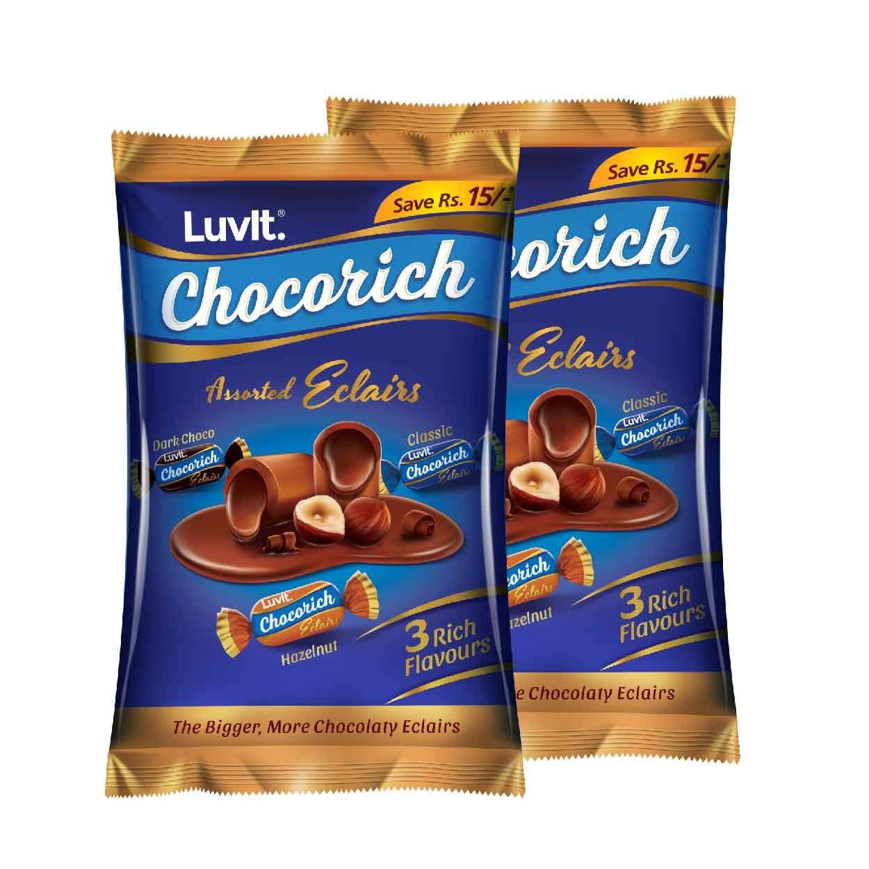 LuvIt Chocorich Assorted Eclairs Chocolate Birthday Party Gift Combo - Hazelnut, Dark Choco & Classic, 60 Pieces, 960g - Pack of 2