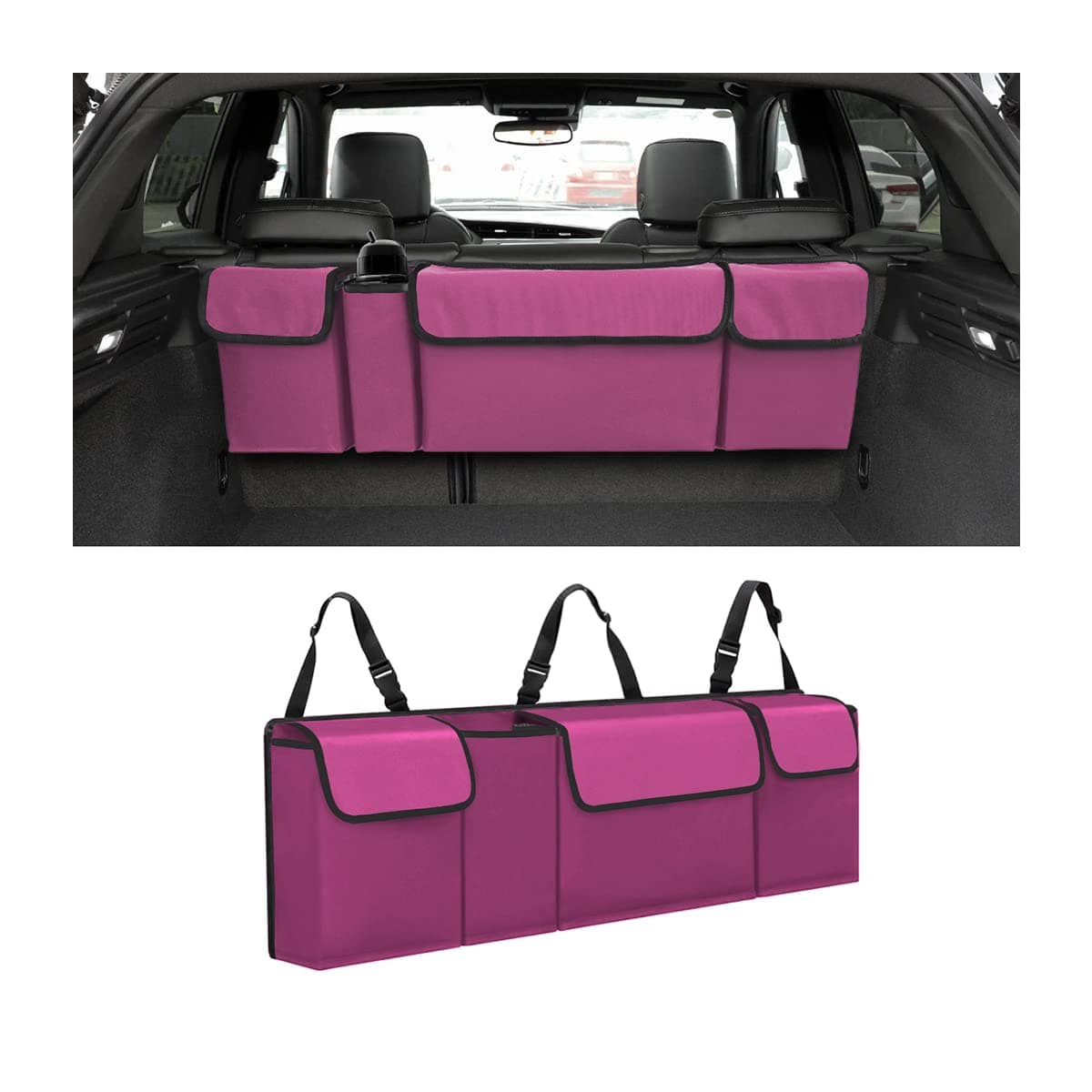 Car Trunk Organizer, Backseat Hanging Large Storage with Adjustable Straps, Waterproof Collapsible Cargo Bag with 4 Pockets, Sturdy Space Saver Frees Trunk Floor for SUV, Truck, MPV
