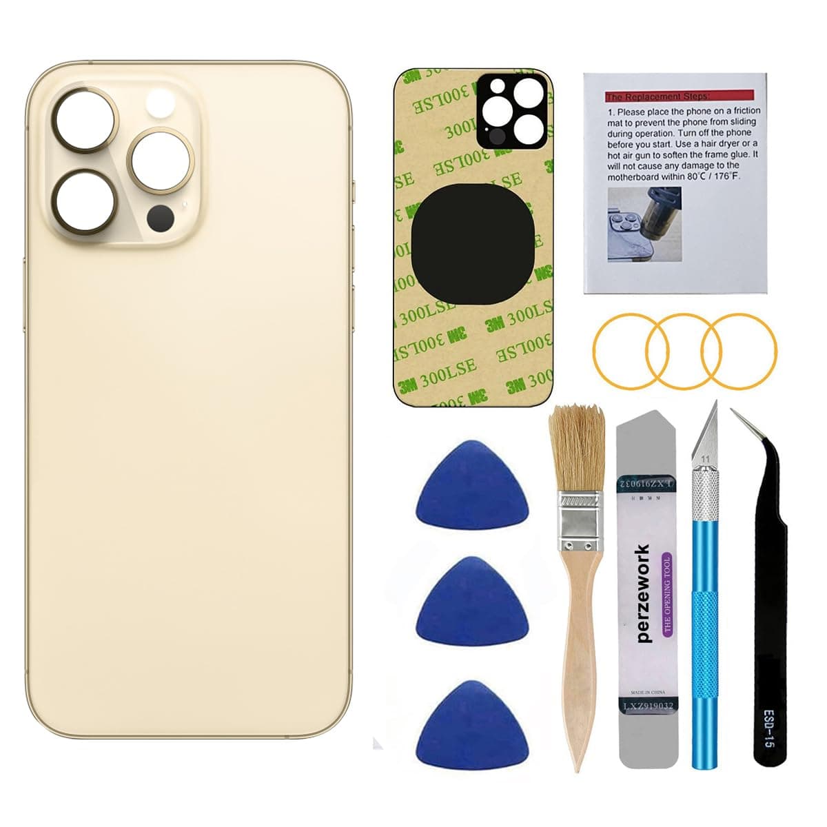 OEM Rear Back Glass Replacement for iPhone 14 Pro Max 6.7 inches with Reparing Toolkit and Pre-Installed Adhesive (Gold)