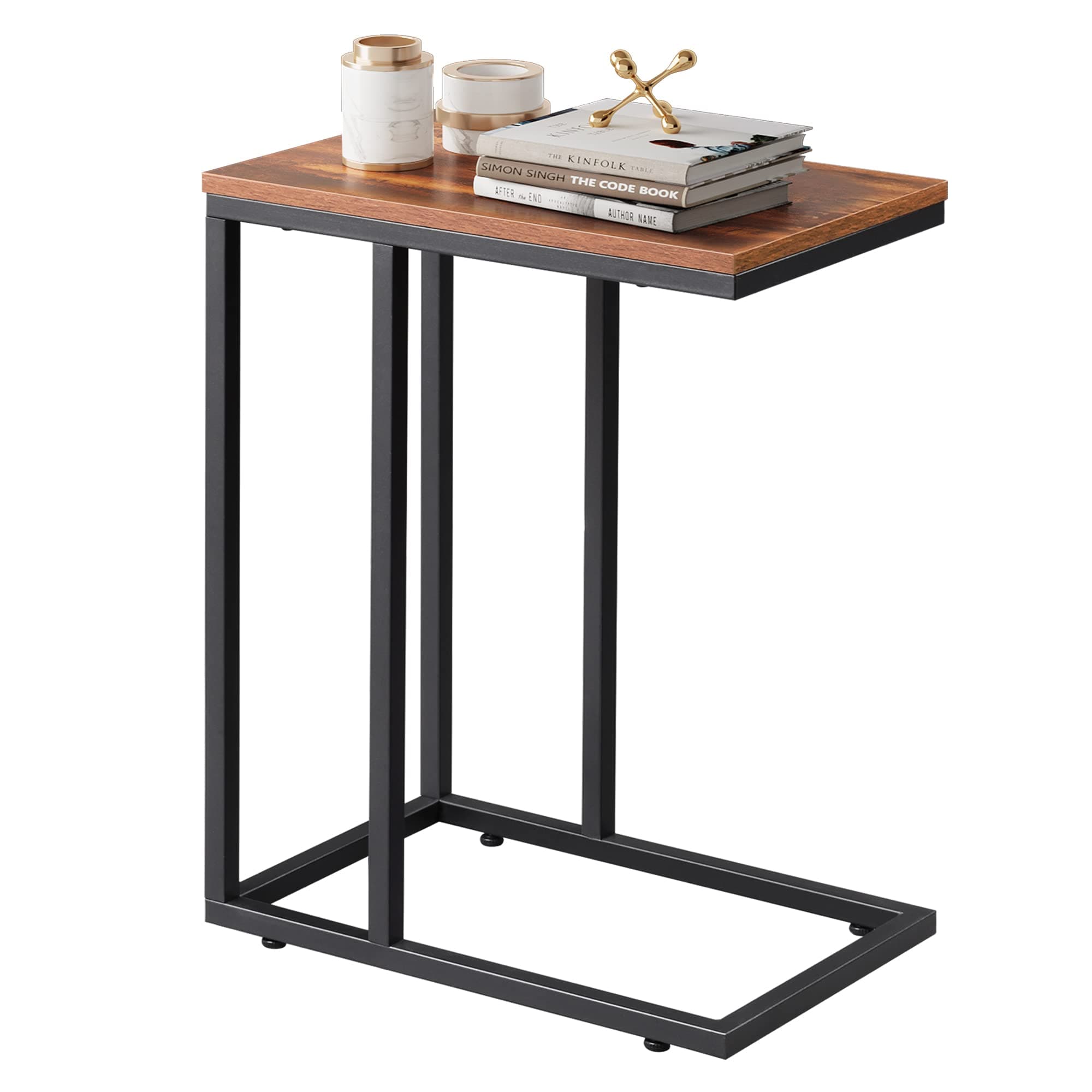 WLIVE Side Table, C Shaped End Table for Couch, Sofa and Bed, Large Desktop C Table for Living Room, Bedroom, Retro Brown and Black