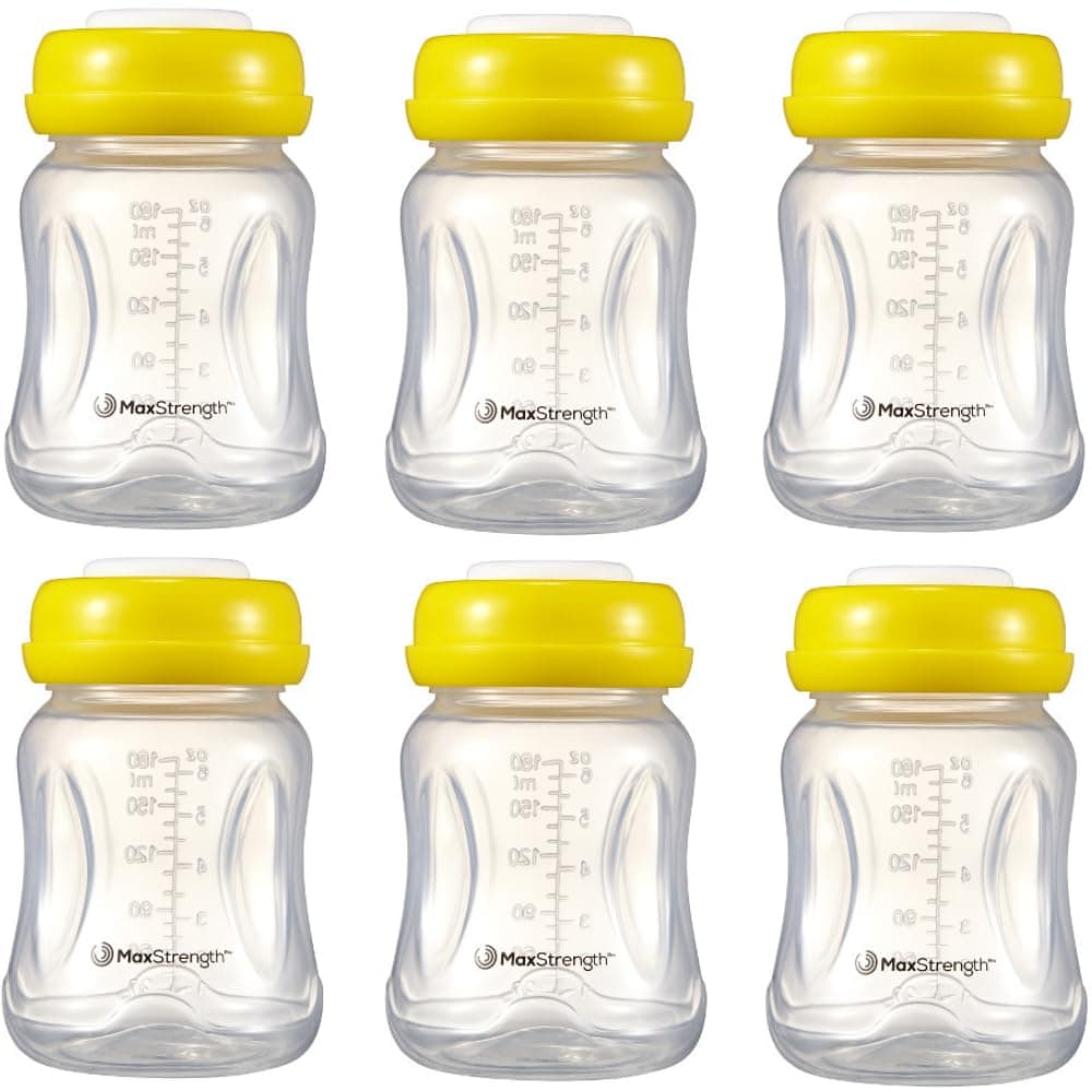 Breastmilk Bottles 6pc Set with Leak Proof Lids by Max Strength Pro, 6.oz 180ml Reusable Wide Neck Bottles Best for Breast Milk Collection & Storage Solution, BPA Free, Fits Spectra & Avent Models