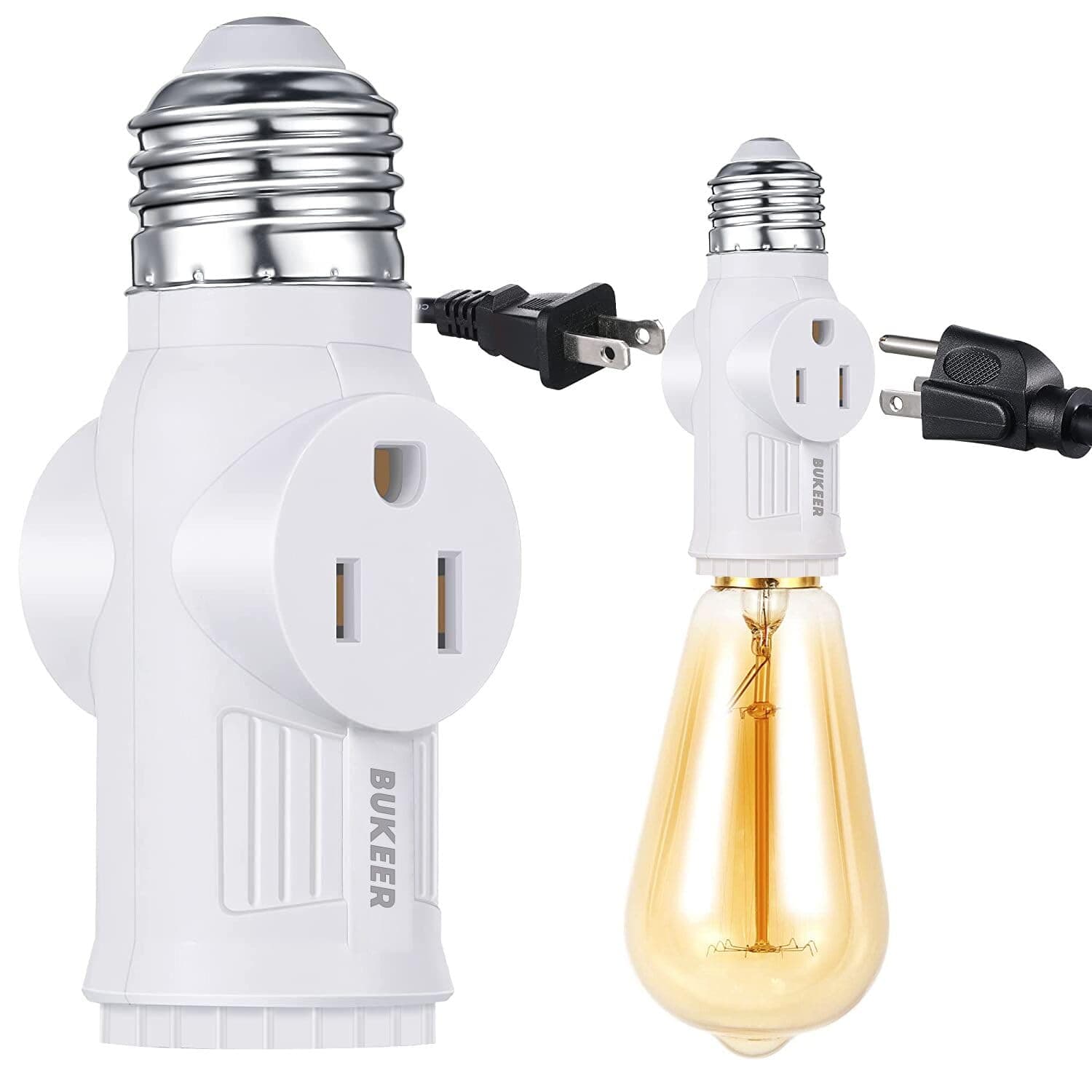 E26/E27/B22 Light Socket to Plug Adapter, 2/3 Prong Light Socket Outlet for Patio, Garage, Porch(1 Pack)