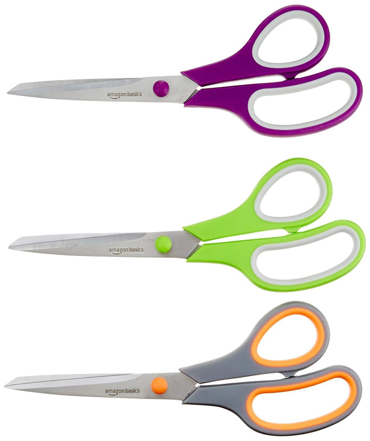Amazon Basics Multipurpose Stainless Steel Scissors for Office, Crafts, Right/Left Handed, Comfort Grip, PVD Coated, 3-Pack, Multicolor