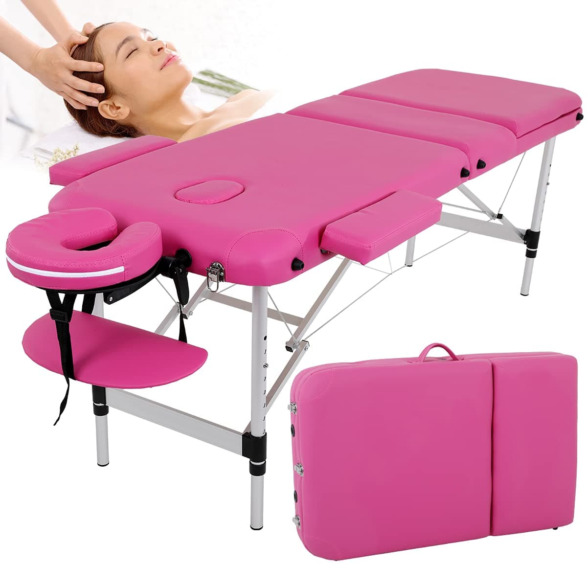 Dkeli Massage Table Pink Lash Table Spa Bed Portable Foldable 73 Inch Height Adjustable 3 Fold Salon Bed with Aluminium Legs, Face Cradle, Carry Case Tattoo Table Eyelash Facial Table, Pink