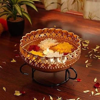 Ekhasa Gold Urli Bowl With Stand For Home Decor & Table Decoration | Floating Flowers, Tealight Candles Water Bowl For Diwali Pooja And Other Festivals | Gift For Various Occasions, 500 Ml, 900 Ml