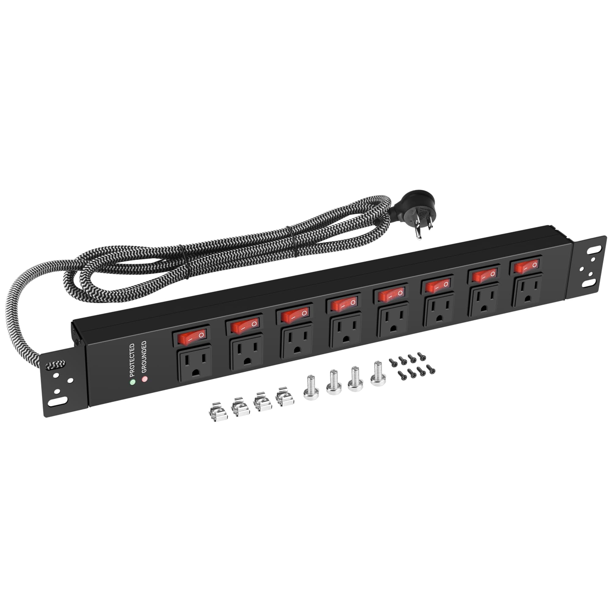 Rack Mount Power Strips,8 Outlet Strips Surge Protector with Individual Switches, PDU Power Strip for Server Racks, 14AWG Heavy-Duty Braided Extension Cord,2700J,15A 125V 1875W (6 FT Cable)