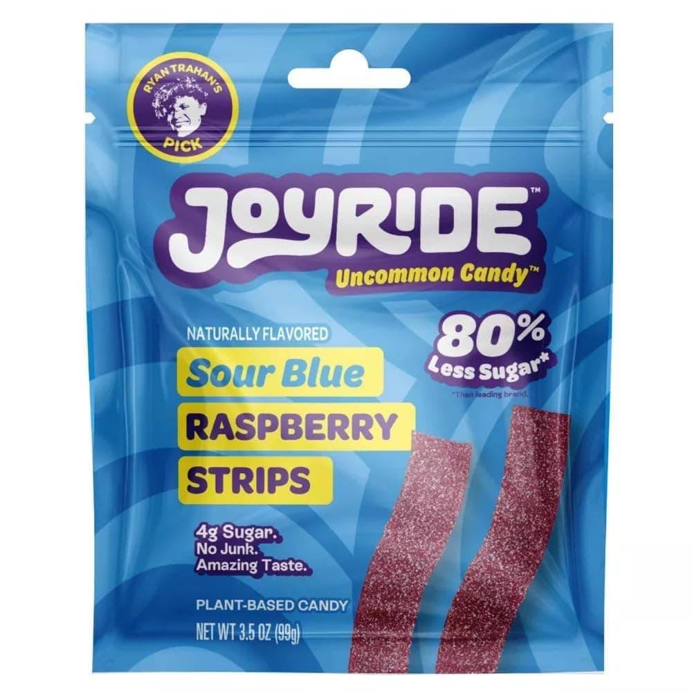 Geneeric Joyride Sweets Sour Blue Raspberry Candy Strips, 3.5oz Pack, Sour Gummy Candy Strips, 80% Less Sugar, Plant Based Sweets