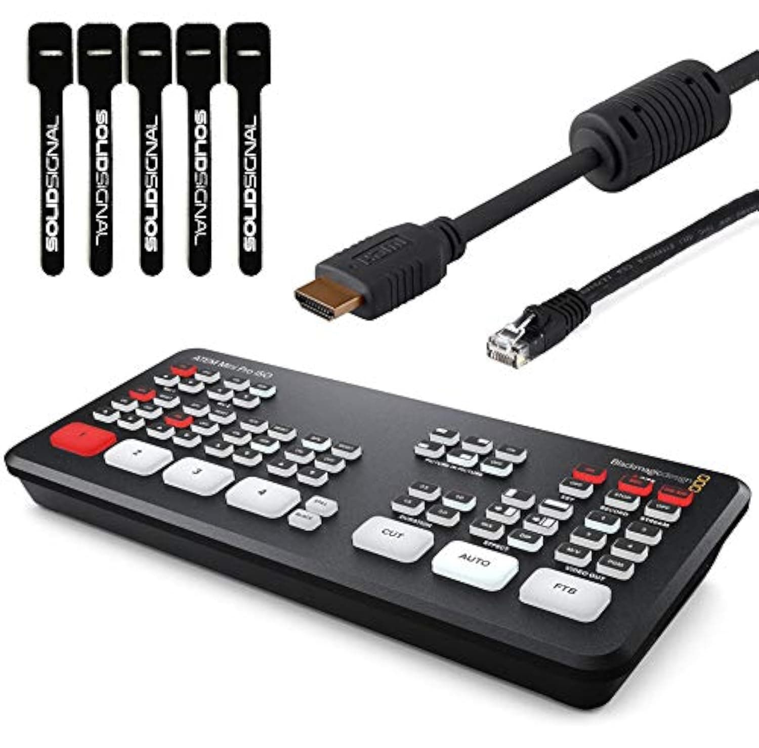 ATEM Mini Pro ISO HDMI Live Stream Switcher Bundle with 6’ HDMI Cable, 7’ Cat5e Cable, and 5-Pack of SolidSignal Cable Ties (SWATEMMINIBPRISO)