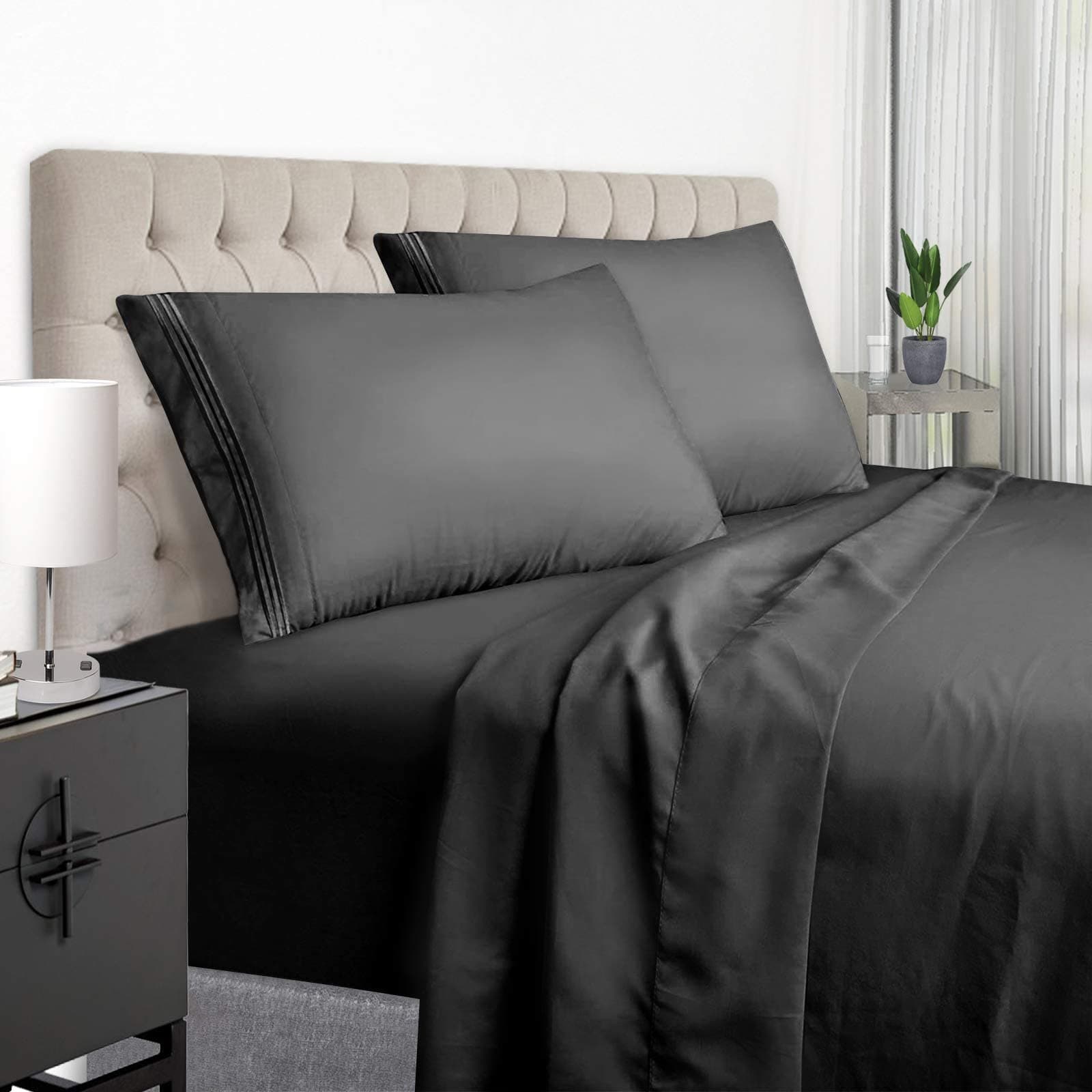 YumHome Queen Size Bed Sheets Set Microfiber 1800 Thread Count Percale 15 Inch Deep Pockets Super Soft and Comforterble Wrinkle Fade and Hypoallergenic- 4 Piece (Queen,Black)