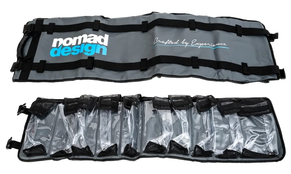 Nomad Design Lure Roll - Large & Medium Sizes with 10 and 6 Pockets Respectively, Portable Waterproof Tarpaulin Fish Lure Bag - Heavy Duty PVC Window, Mesh Cleaning & Drying Tabs