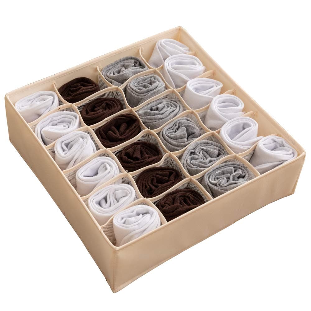 ALYERCollapsible Fabric Drawer Organizer Divider,Closet Storage Box Bins Containers for Panties,Underwear, Ties,Bras, Socks, Lingerie (Beige-24 Cells)