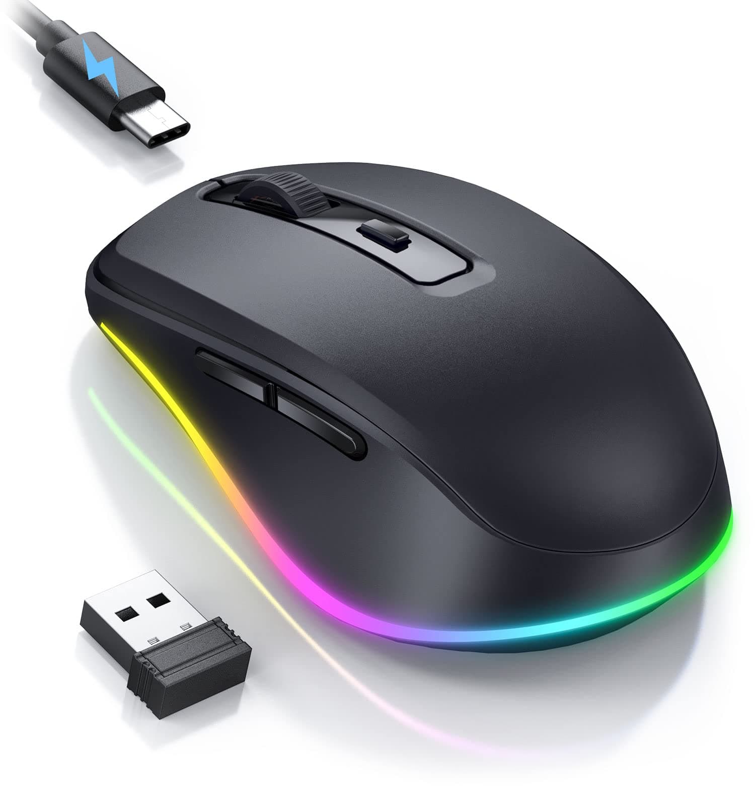 PEIOUS Wireless Mouse Jiggler - LED Wireless Mice with Build-in Jiggler Mover, Rechargeable Moving Mouse for Computer with Undetectable Random Movement Keeps PC Laptop Awake - Black