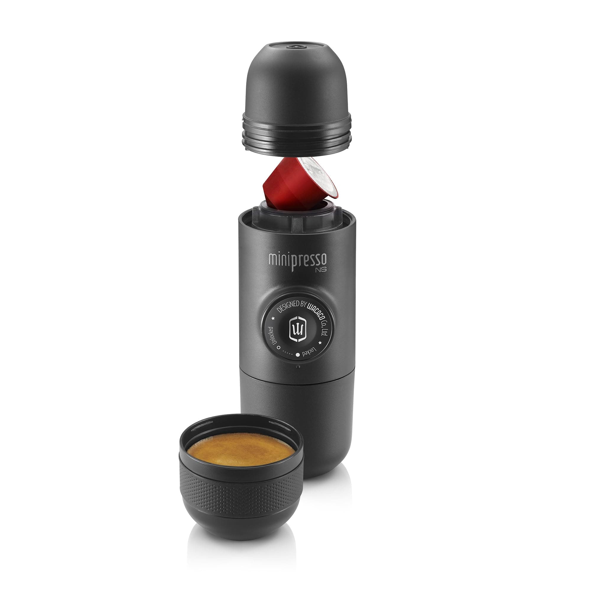 Wacaco Minipresso NS Manually operated Mini Portable Espresso Maker- Extra Small capsule coffee machine for Travel, Camping, Office-Black