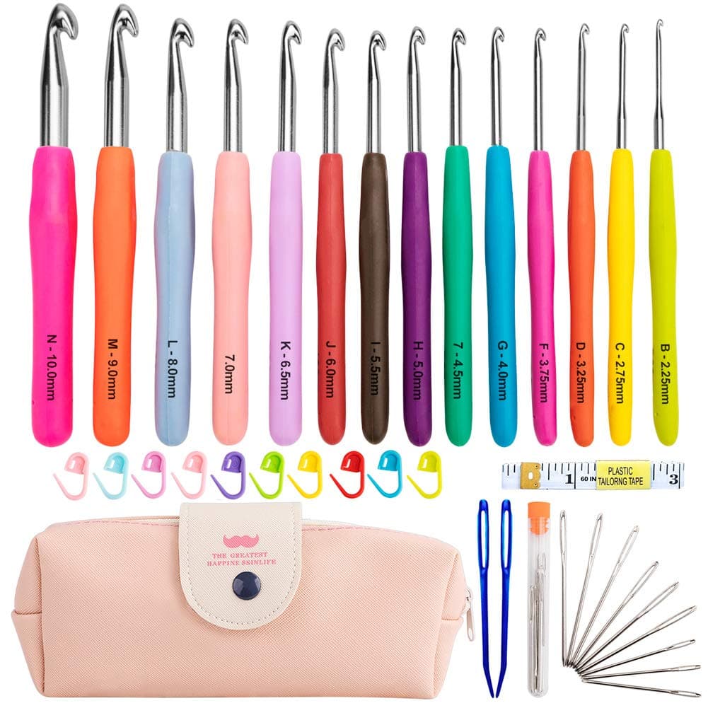 Crochet Hooks Set,14 Pcs Ergonomic Soft Grip Handles Large-Eye Blunt Knitting Needles Kit with Case for Arthritic Hands,2.25mm(B)-10mm(N) Extra Long Plus Knit Needles Weave Yarn Set,Best Gift (A)