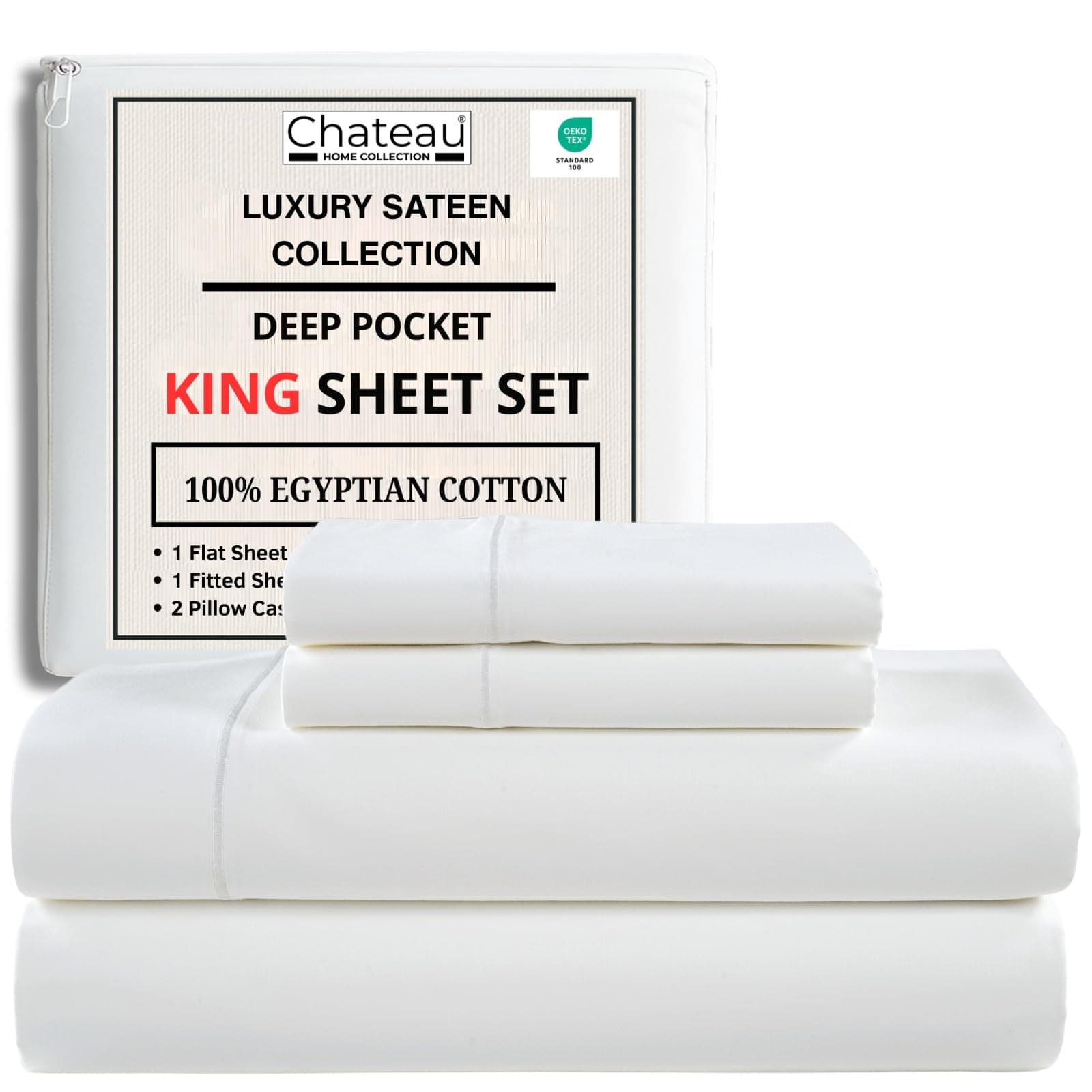 100% Egyptian Cotton Sheets King Size Sheets Set with Fully Elasticated 15" Deep Fitted Sheet & Pillowcase Sets, Sateen Weave Hotel Collection King Sheet Set, Soft Luxury White Bedding