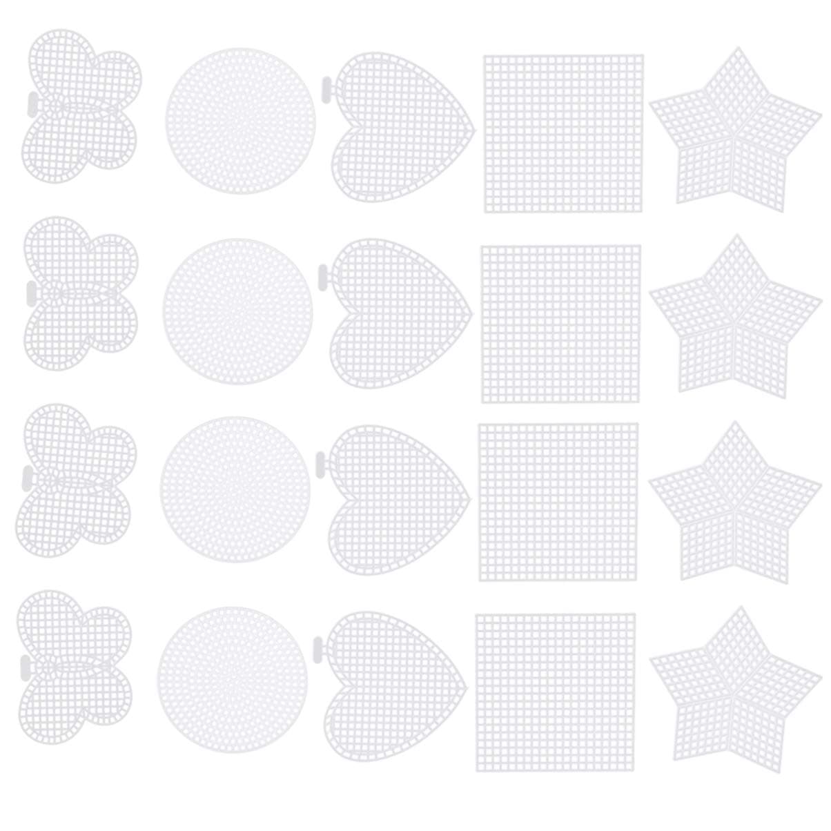 EXCEART 50 Pack Transparent Stitching Mesh Sheets for Needlepoint and Cross Stitch Craft Projects Multi Shape Plastic Canvas Including Hearts Stars Circles and Butterflies