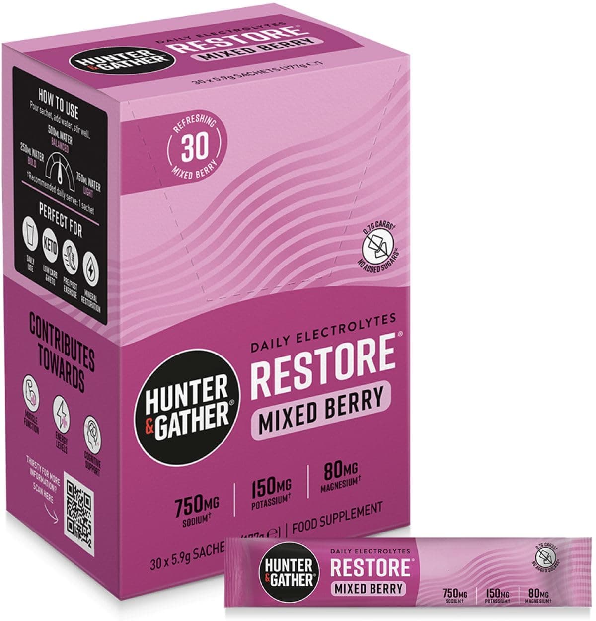 Restore Electrolytes Sachets x 30 I No Added Sugar or Artificial Sweeteners I 100% Natural Hydration I Optimal Mineral Ratio with Pink Himalayan Salt I Keto I with Natural Monk Fruit