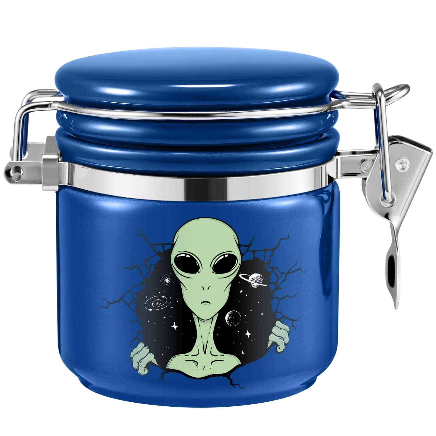 Alien Smell Proof Jar Half Oz (250ml), Separate Space for Humidity Pack To Keep Herbs Fresh For Months - Ceramic Smell Proof Containers, ET Stash Jar with Clamp Lid - Double Sealed Airtight Jar - Blue
