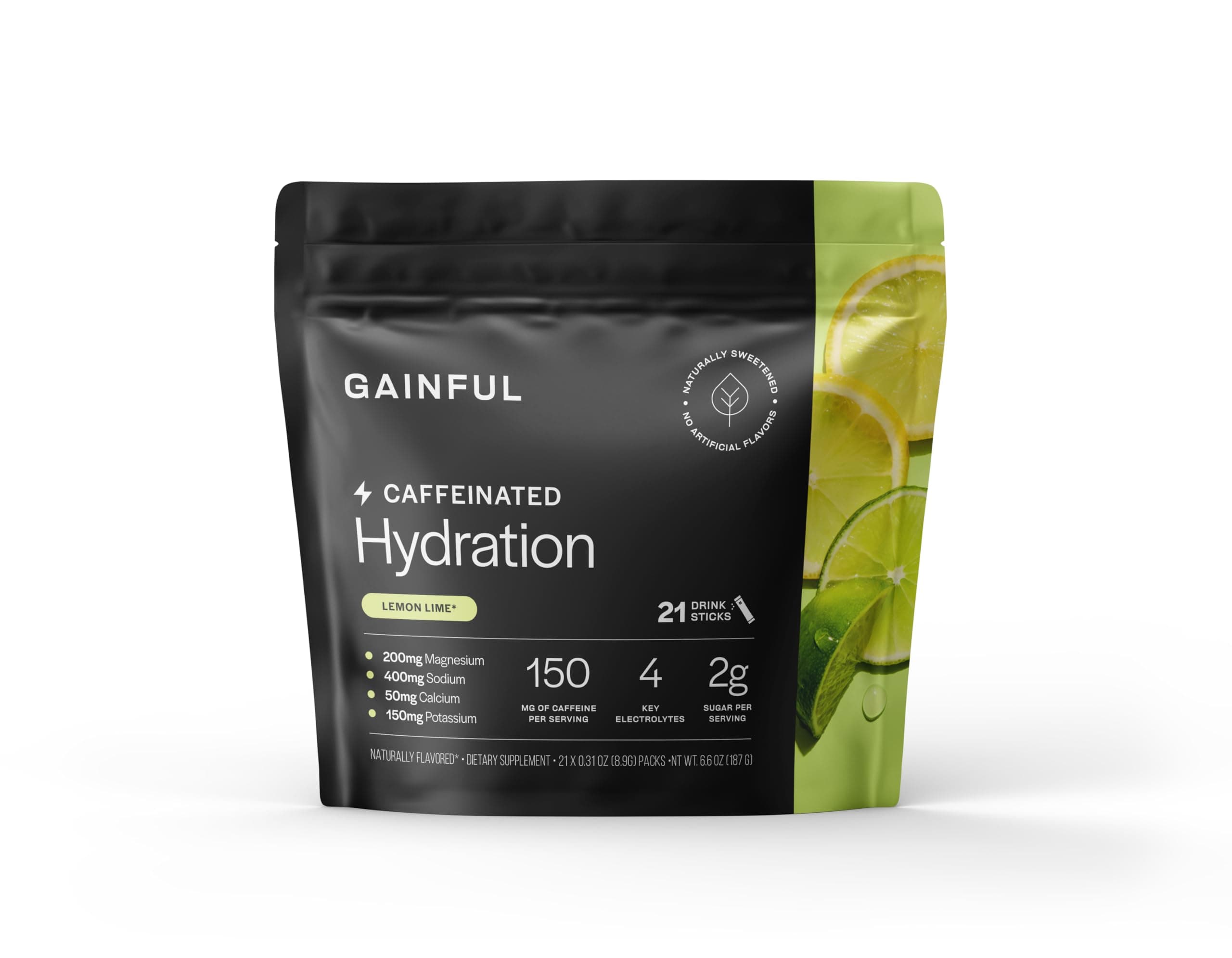 Gainful Hydration + Caffeine Packets with Key Electrolytes Magnesium & Sodium + L Theanine, Low Sugar Drink Mix, Lemon Lime, 21 Sticks