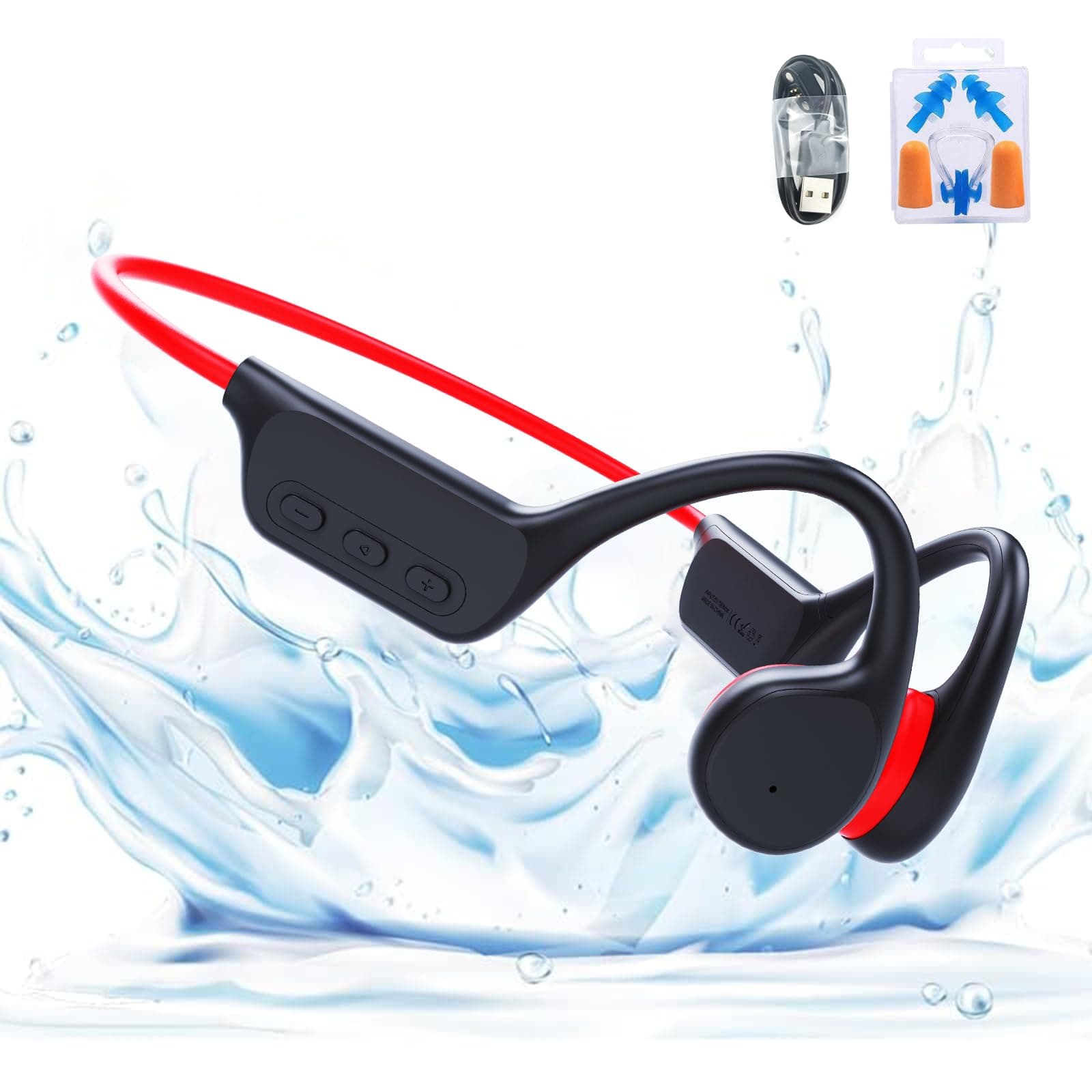 GenXenon Bone Conduction Bluetooth 5.3 Wireless Headphones Open Ear IPX8 Waterproof Earbuds for Swimming with Mic Built-in 32G MP3 Underwater Sport Headset for Running, Cycling, Driving (Black-red)