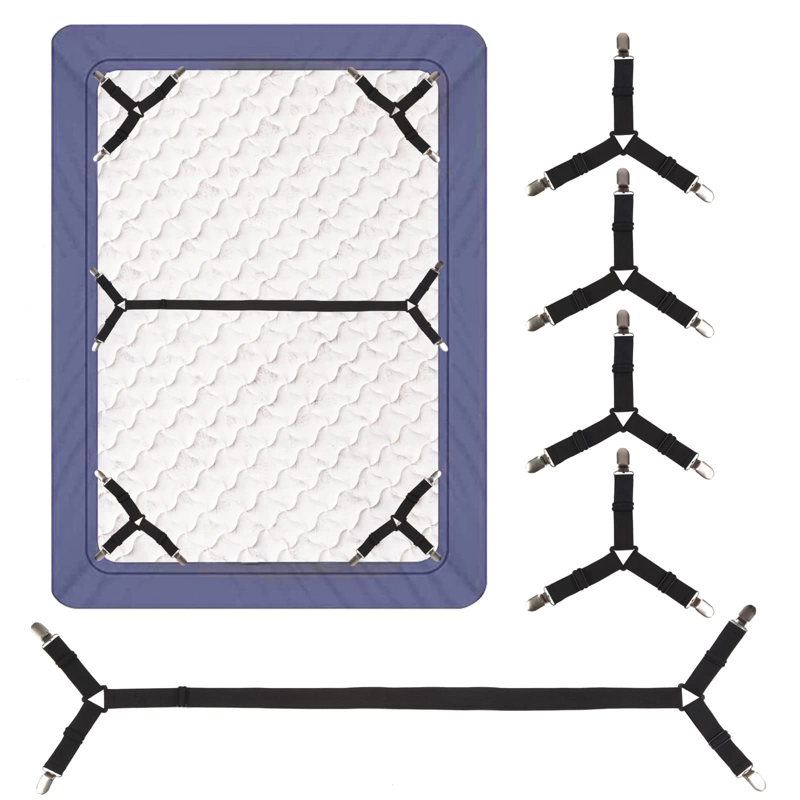 Luyena Bed Sheet Straps,4+1 Pcs Fitted Sheet Clips Holder,Upgraded Triangular Sheet Clip for Corner, Elastic Adjustable Sheet Strap for Mattress Cover, Sheet, Sofa Cushion 1(Black)