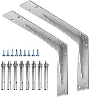 YUMORE Countertop Support Brackets 300x200x50mm,5mm Thick Heavy Duty L Shelf Bracket Stainless Steel Wall Mounted Support for DIY Open Shelving, 2 Pack, with Metal Wall Plug & Screws