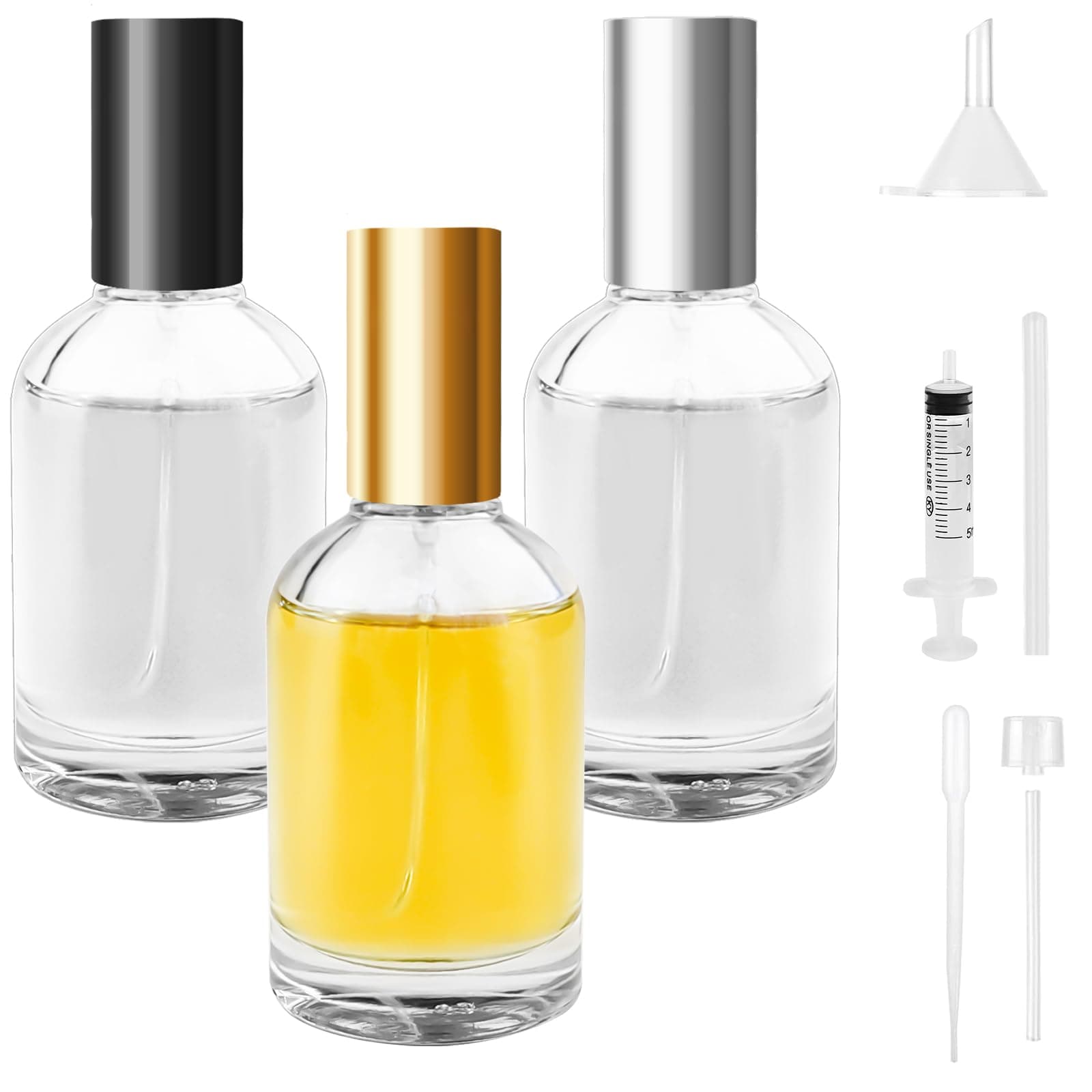 3PCS 30ml Perfume Atomisers Refillable, Round Travel Perfume Glass Spray Bottle, Refillable Spray Perfume Bottles Fine Mist Cosmetic with Dispensing Tools for Daily Business Trips