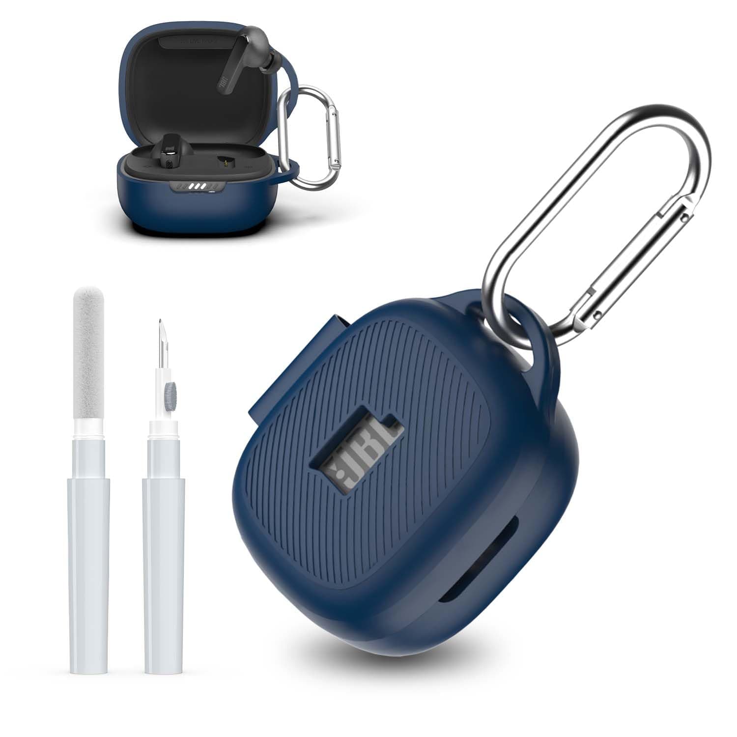 [3 in 1] for JBL Live Pro 2 Case Cover with Cleaner kit, Logo Visible Design Scratch Resistant Shockproof Silicone Protective Cover for JBL Live Pro 2 Earbuds with Carabiner-Blue
