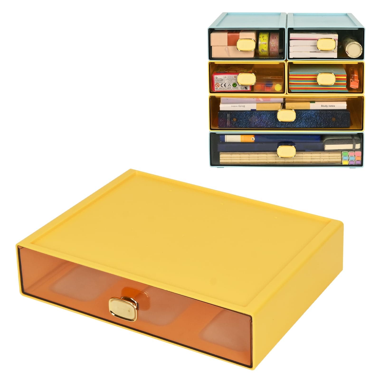 Stackable Office Organizer Drawer-13” Wx9 Lx3.3 H Large Clear Desktop Storage Drawers for Printer Paper-Small Drawers，Stackable Paper Storage Drawers for Office, Home, Bathroom-Yellow