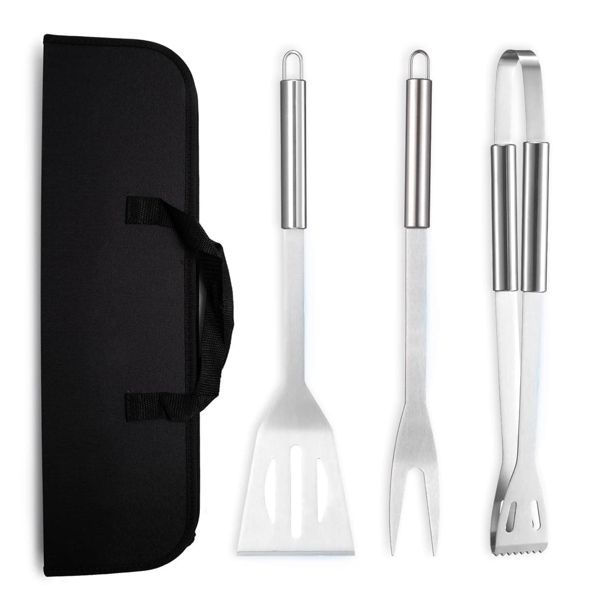 BBQ Grill Tool Set, 3Pcs Stainless Steel Barbeque Grilling Tool Set, Includes a Spatula/Fork/Pair of Tongs, and a Cloth Storage Bag, BBQ Tools for Backyard Outdoor Kitchen (3 Pack)