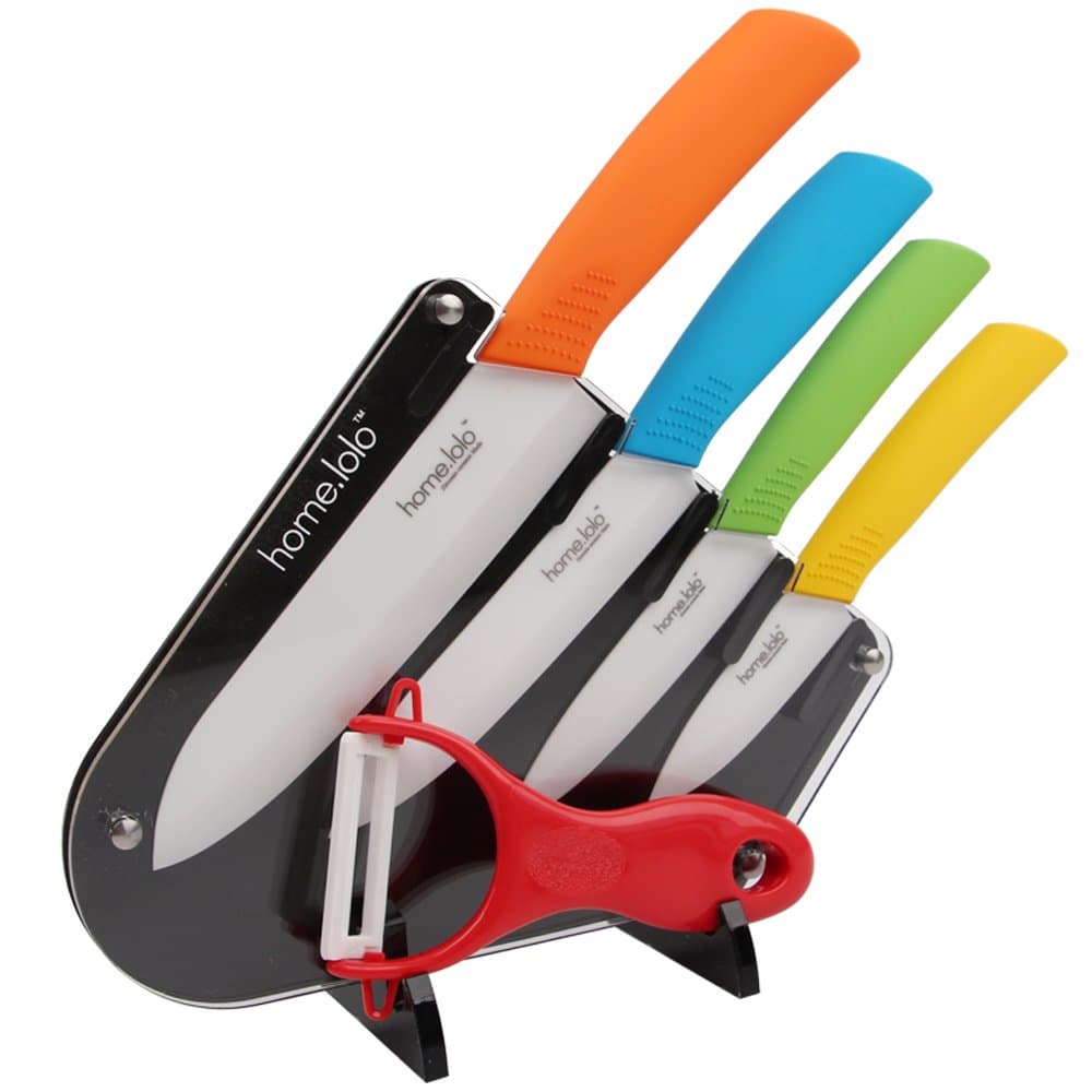 Premium Quality Kitchen Ceramic Knife Set 3" 4" 5" 6" inch Zirconia White Blade Fruit Vege Cooking, best Christmas Gift (with Multicolor ABS Handle and Knife Stand)